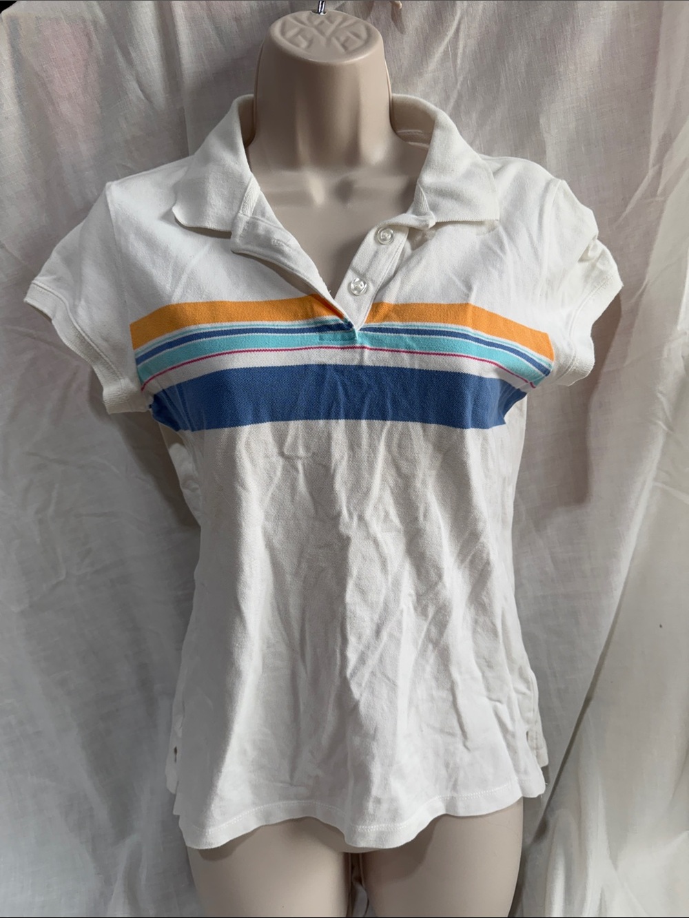 Y2K Aeropostale White Polo Top with Blue and Yellow Stripes - Women's